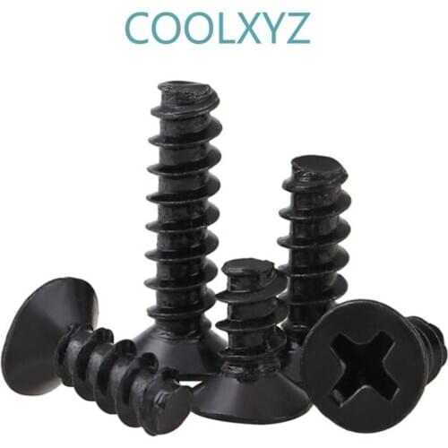 Black Philips Tapping Flat End Small Screw Cross Countersunk Flat Head Flat Tail Self Tapping Screw KB M2.6M3M3.5M4 250Pcs