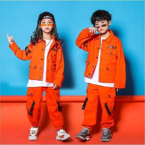 Kids Hip Hop Clothing Orange Jacket Coat Top Running Casual Pants Girls Boy Jazz Dance Costume Ballroom Clothes Wear Outfit