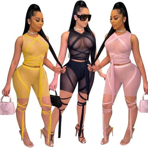 Cross-border Foreign Trade Womens summer New Style Sexy Mesh See-through Strap Pure Color Sleeveless Two-piece Suit