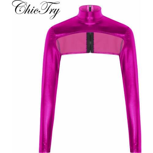 Fashion Women Shiny Clubwear Metallic High Neck Back Zip Up Form Fitting Shrugs Shirts Blouses Crop Top for Party