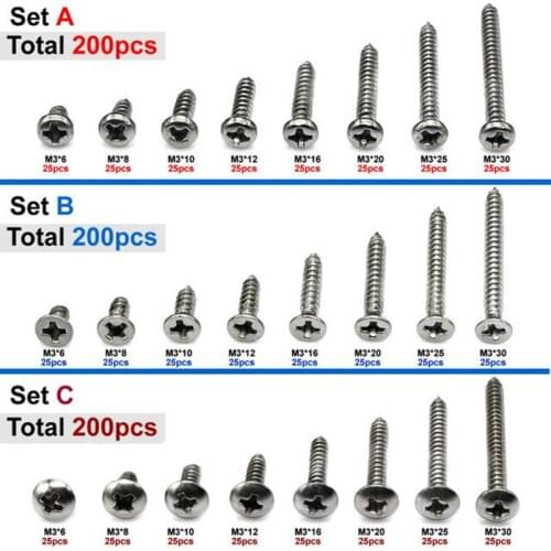 200pcs 304 large flat head Phillips screw set, high-strength self-tapping screw classification set for wooden furniture