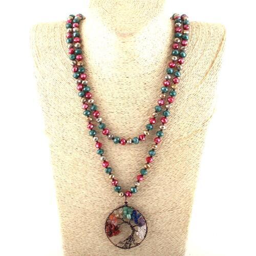 Fashion 150cm Multi Glass Long Knotted Crystal Necklaces 7 Chakra Life Pendant Women Ethnic Necklace