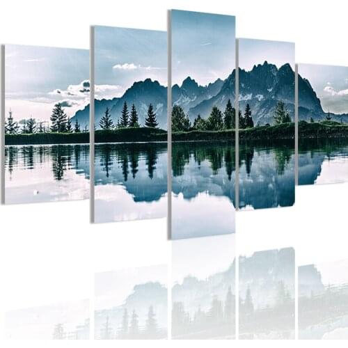 Landscape Mountain Lakes Natural 5 Panels Canvas Painting Poster Wall Art Print Picture for Living Room Home Decoration Frame