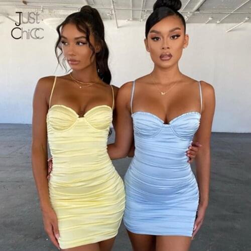 Justchicc Pleated Sexy Bodycon Dress Women Strapless Zipper V Neck Backless Bodycon Mini Dress Spaghetti Strap Party Club Dress