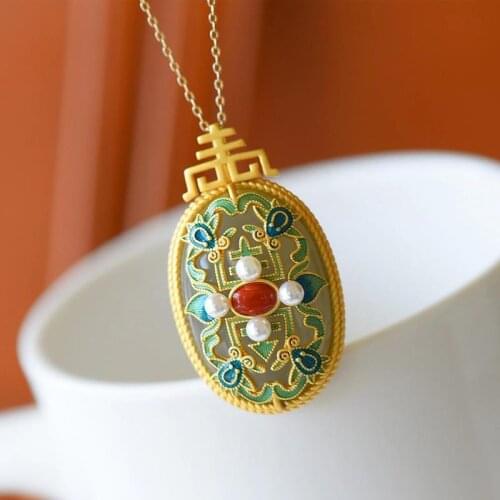 Natural Hetian Jade South Red Pearl Pendant Ethnic Style Cloisonne Enamel S925 Sterling Silver Pendant Necklace Ornament