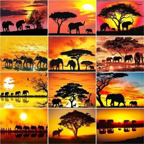 AZQSD Oil Painting By Numbers Animal Elephant Handpainted Gift DIY Acrylic Paint Coloring By Numbers Sunset Decor For Home