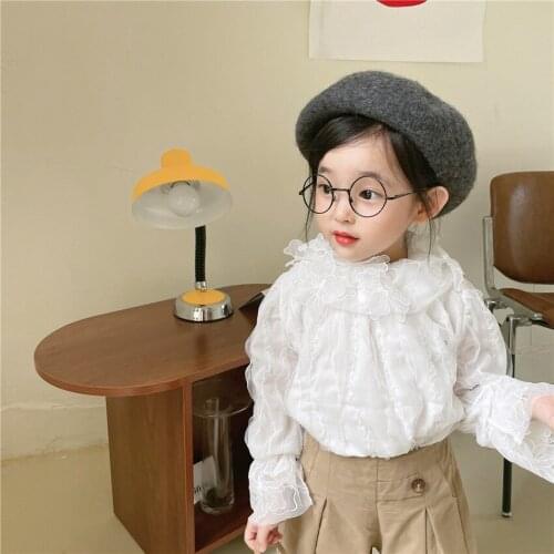 Girls' shirt 2021 autumn new childrens wear childrens petal Lace Long Sleeve Shirt baby mesh top