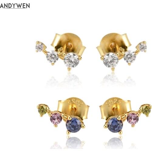 ANDYWEN 925 Sterling Silver Gold Three Zircon Line Stud Earring CZ Rainbow Piercing Clip Pendiente Luxury Pendiente Jewelry