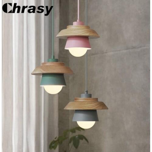 The Nordic modern minimalist bedroom small chandelier iron wood bowl hall creative personality Macarons restaurant LED lamp