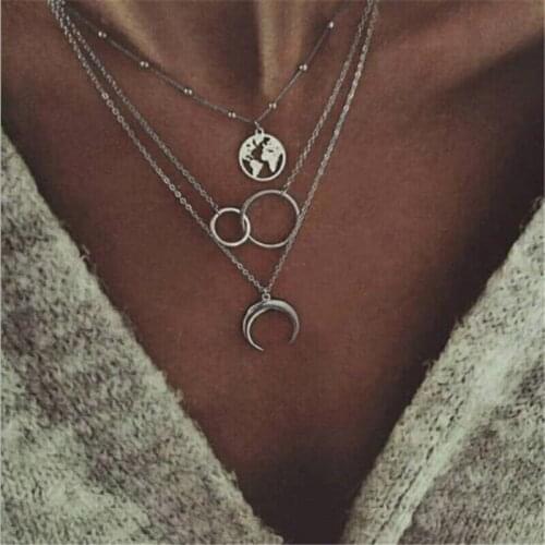 Women Fashion Retro Moon World Map Circle Pendant Multilayer Silver Necklace Charm Jewelry Accessories Christmas Gift