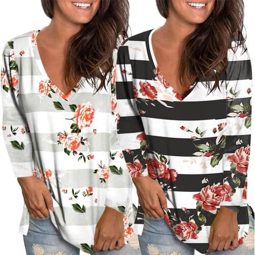 Women Clothes Summer Casual Womens Clothing Floral Printed V Neck Long Sleeve T-shirts Female Loose Fashion Tops #T2P