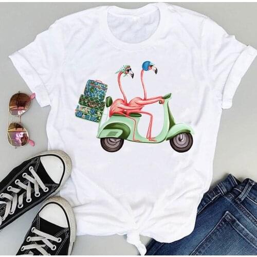 Women Cartoon Flamingo Beach Funny Animal Fashion Print Graphic Summer Short Sleeve Female Clothes Tops Tees Tshirt T-Shirt