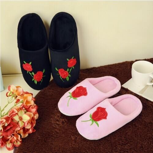 Women Indoor Slippers Rose Embroider Short Plush Spring Autumn Flat Shoes Woman Home Slides Soft Sole Female Warm Floor Slippers