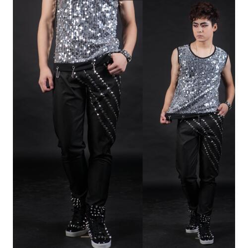 Black rivet slim fashion stage Show mens clothing faux leather pants 1 pu leather trousers men pants 1 Customizable