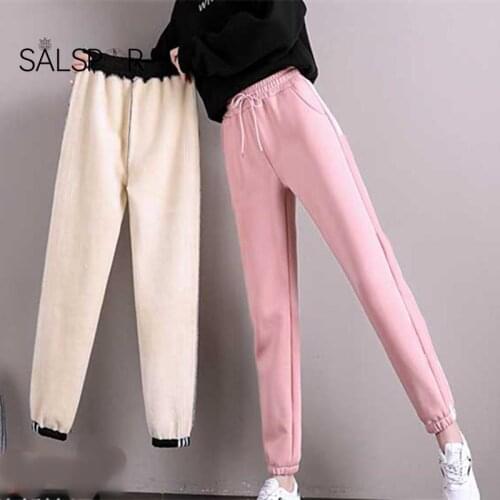 SALSPR Plus Size Pants Winter Warm Plus Fleece Trouser Sports Women Thickening Casual Pants Korean Loose High Waist Trousers