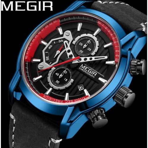 MEGIR New Watch Men Waterproof Chronograph Military Army Male Clock Top Brand Luxury Leather Business Man Sport Wristwatch 2104