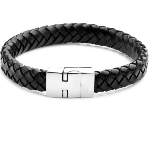 Black Leather Bracelet Stainless Steel Punk Style Magnetic Clasp Charm Handmade Braided Simple Accessories For Men