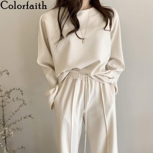 Colorfaith 2021 New Autumn Winter Women Sets Two Pieces Top And Wide Leg Pants Set Oversized Fashionable Tracksuit Suits WS55927