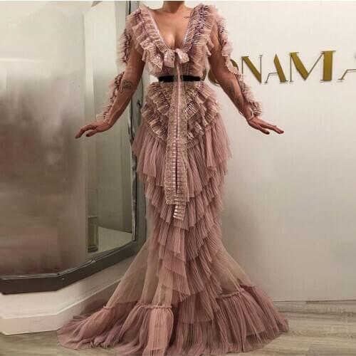 Champagne Aso Ebi South African Evening Dresses Mermaid Long Sleeves Tulle Tiered Nigeria Saudi Arabic Evening Gown Prom Dress
