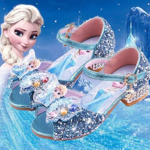 Disney Frozen Elsa Princess Kids Leather Shoes For Girl Summer Flower Fish Mouth Crystal Sandals Children High Heel Girls Shoes