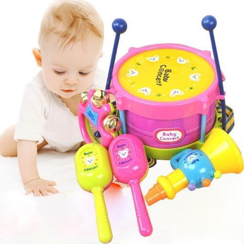 Hot Selling 5 Pcs/Set Baby Kids Musical Instruments Boys Girls Roll Drum Trumpet Handbell Set Children Educational Toys Gifts