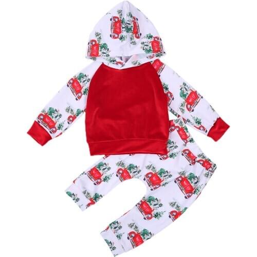 Pudcoco 2020 Christmas Babys Suit Car Print Long Sleeve Hooded Top Mid Waist Pants Newborn Girls Boys Spring Autumn Clothes Set