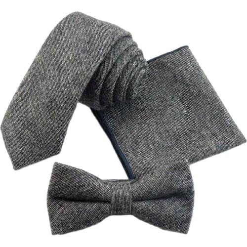 6cm Solid Tie Set 100% Wool Mens Ties Bowtie Pocket Square Hanky Narrow Ties For Men Wedding Party Suit Shirt Dress Gravata Slim
