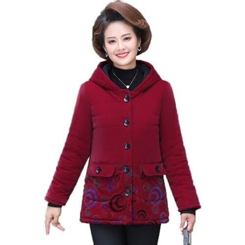 Middle-aged Elderly Womens Cotton Coat Winter Jackets Short Corduroy Plush Thick Warm Jacket Single-breasted Printed Outwear