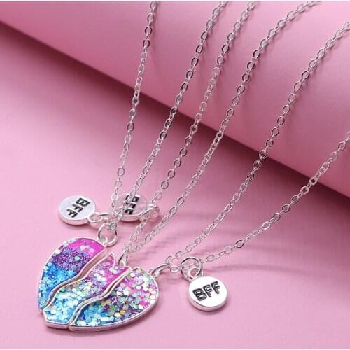 Fashion 2021 3 pack Bff Heart Pendant Necklace Rainbow Enamel Broken Heart Pendant On Stainless Chains Necklace For Women