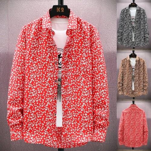 2021 Hot Selling Autumn Spring Mens Floral Print Lapel Casual Shirts Long Sleeve Male Business Wedding Button-down Dress Shirts