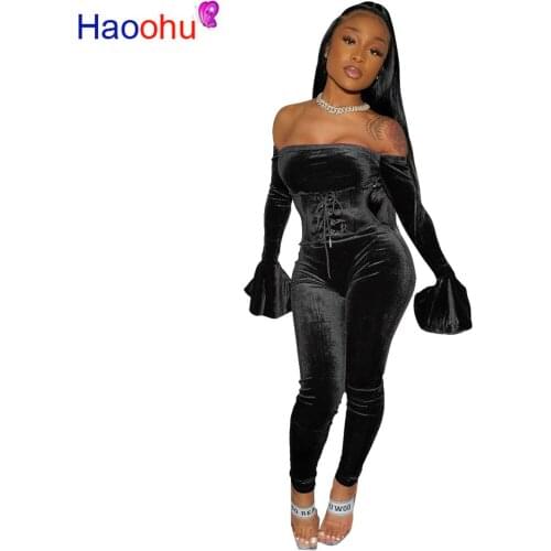 New Winter Women Sets Slash Neck Full Flare Sleeve Bandage Tops Pants Suit Two Piece Set Sexy Tracksuits Velvet Outfits