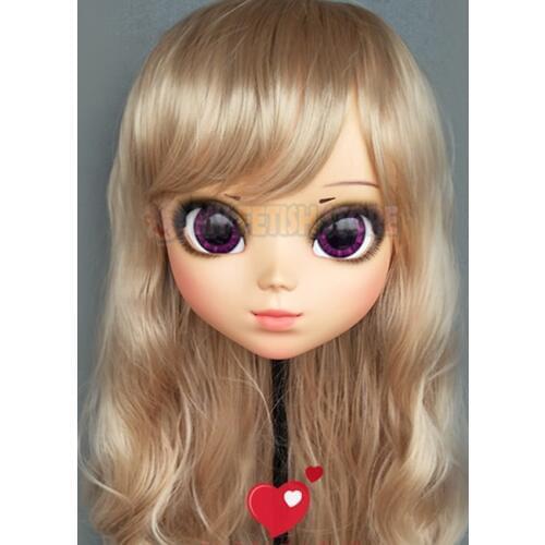 P-02)Female Sweet Girl Resin Half Head Kigurumi BJD Eyes Crossdress Cosplay Japanese Anime Role Lolita Mask With Eyes And Wig