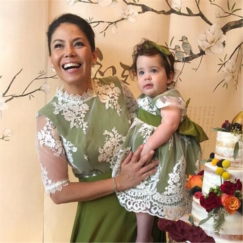 Mother Daugher Birthday Celebration Dresses Long Sleeve Lace Green Dresses Mom and Girls Matching Dresses Custom Made