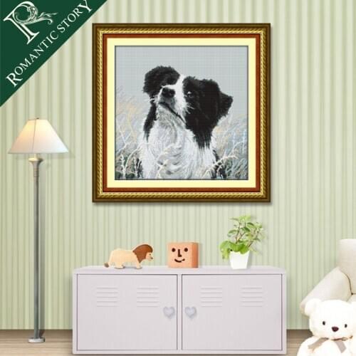 Romantic Story Cute Dog Baby Paintings Counted DIY Cross Stitch Cotton Fabric Embroidery Cross-Stitch Kits Ribbons Needlework