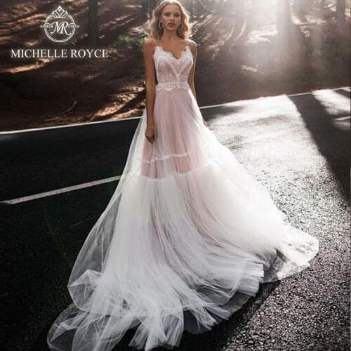 Michelle Royce A-Ling Wedding Dresses 2020 Spaghetti Strap Lace Up Illusion Backless Chapel Train Wedding Gowns Vestido De Noiva