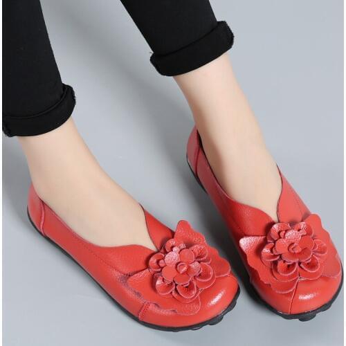 Shoes women 2021 fashion flowers genuine leather flat shoes woman solid color comfortable loafers slip-on women shoes plus size