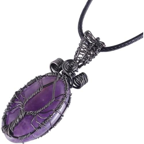 TUMBEELLUWA Handmade Wire Wrap Natural Stone Oval Pendant Necklace Gun Black Color Reiki Crystal Vintage Jewelry for Women Men