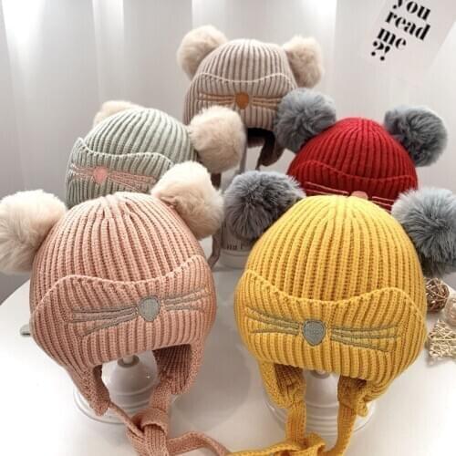 Ear Protection Knitted Hat Children Outdoor Cat Beard Pattern Lovely Cartoon Leisure Plush Ball Decorative Frenulum Accessories
