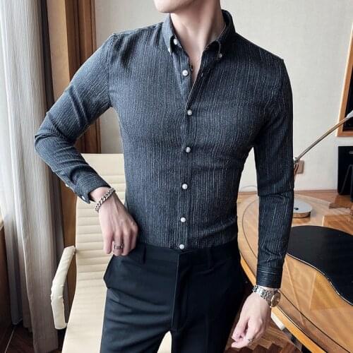 High-quality Striped Shirt Mens Slim British Business Formal Shirt Mens Wrinkle-free Shirt Mens Formal Wear Street Black