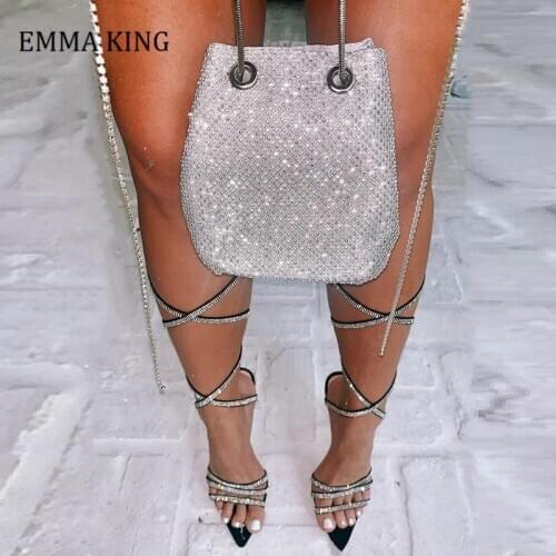 Women Sexy Crystal Wrapped Strappy Sandal Stilettos the Knee High Rhinestone Gladiator Boots 2020 Dress Party Summer Sandals