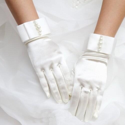 Womens Short Full Fingers Faux Pearl Beaded Bridal Wedding Gloves With Bow Satin