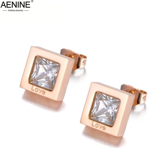 AENINE Titanium Stainless steel Cubic Zirconia Stud Earrings Jewelry Trendy OL Style Rose Gold Earrings For Women Gift AE18485