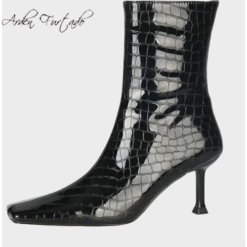 Arden Furtado 2021 shoes Woman Party Stilettos Sexy High Heels Zipper Red Square Head Yellow White shiny leather Ankle Boots 33