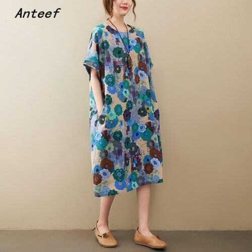 Short sleeve cotton vintage floral dresses for women casual loose woman summer dress elegant clothes 2021