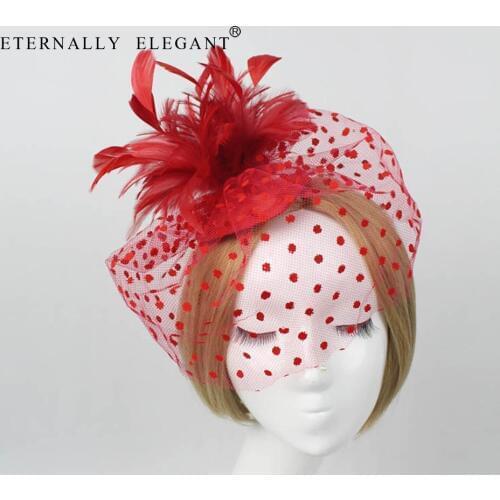 British Hat Net Yarn Feather Headdress Hat Bridal Headwear Headband Wedding Cocktail Red /White/Black