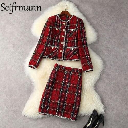 Seifrmann New 2021 Autumn Women Fashion Runway Skirts Set Long Sleeve Single Breasted Coats + High Waist A-Line Mini Skirt Suits
