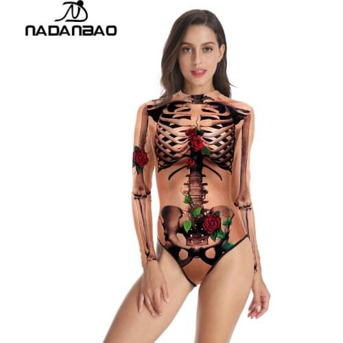 NADANBAO Adult Halloween Skeleton Rose Printed Performance Scary Women Sexy Swimsuit Long Sleeve One-piece Surfing Beach wear