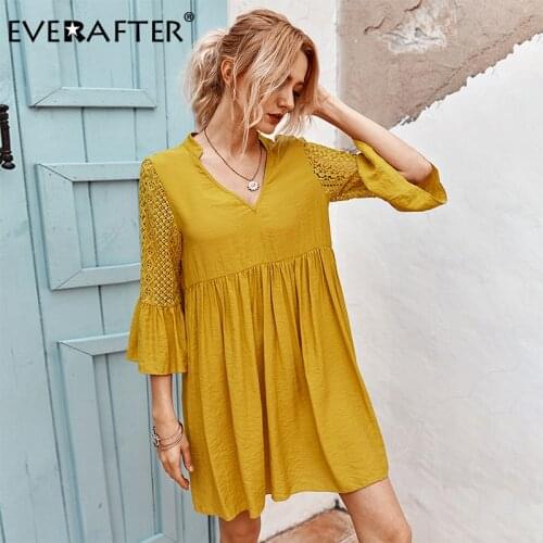 EVERAFTER Hollow out lace dress women v-neck high waist ruffled loose summer solid lady vintage casual beach mini dress vestidos