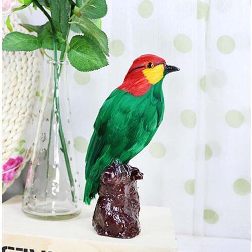 1pcs,11*7*18.5CM,Artificial Bird Ornaments Real Feather Decorative Red-capped Green Pigeon,DIY Craft Birds Ornaments Home Decor