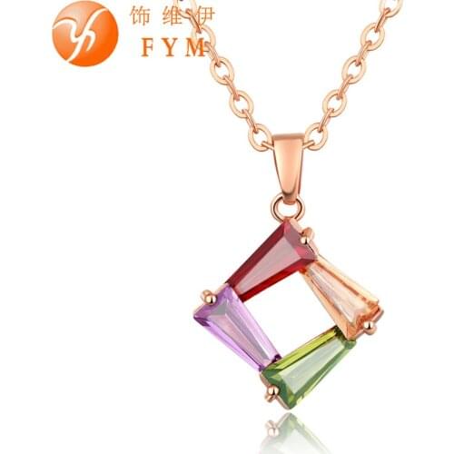 FYM New Fashion 4 Colors Square Cubic Zirconia Crystal Chain Necklaces & Pendant Gold Color Necklace Jewelry for Women Party